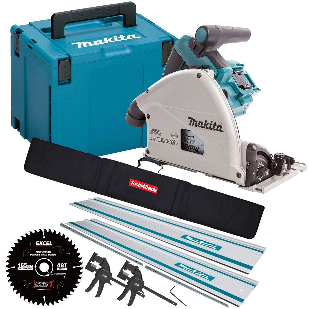 Makita   DSP600ZJ   36V   Brushless   Plunge   Saw   Body   Only   +   2   x   Guide   Rail,   Connector   with   Blade   &   Clamp   Set